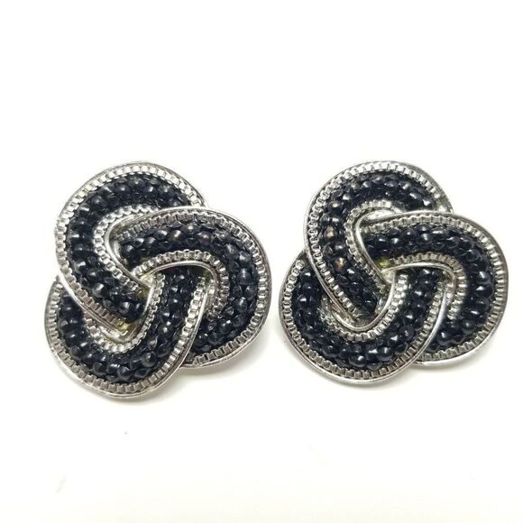 Vintage Black and Silver Tone Knot Design Clip On Earrings,  Retro Estate - Picture 1 of 6